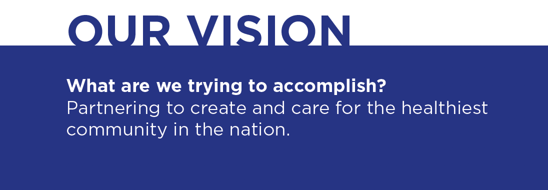 Our vision. What are we trying to accomplish? Partnering to create and care for the healthiest community in the nation.